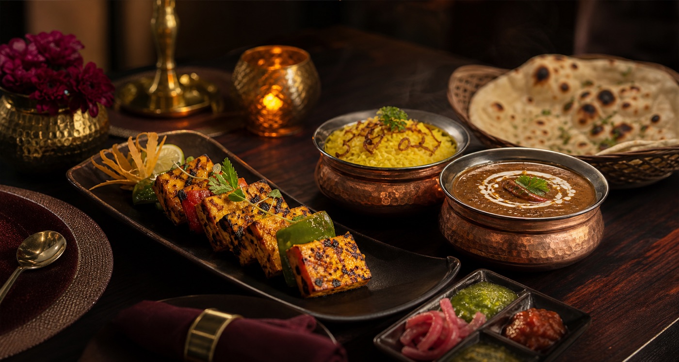 Paneer tikka and dal makhani fine dining spread